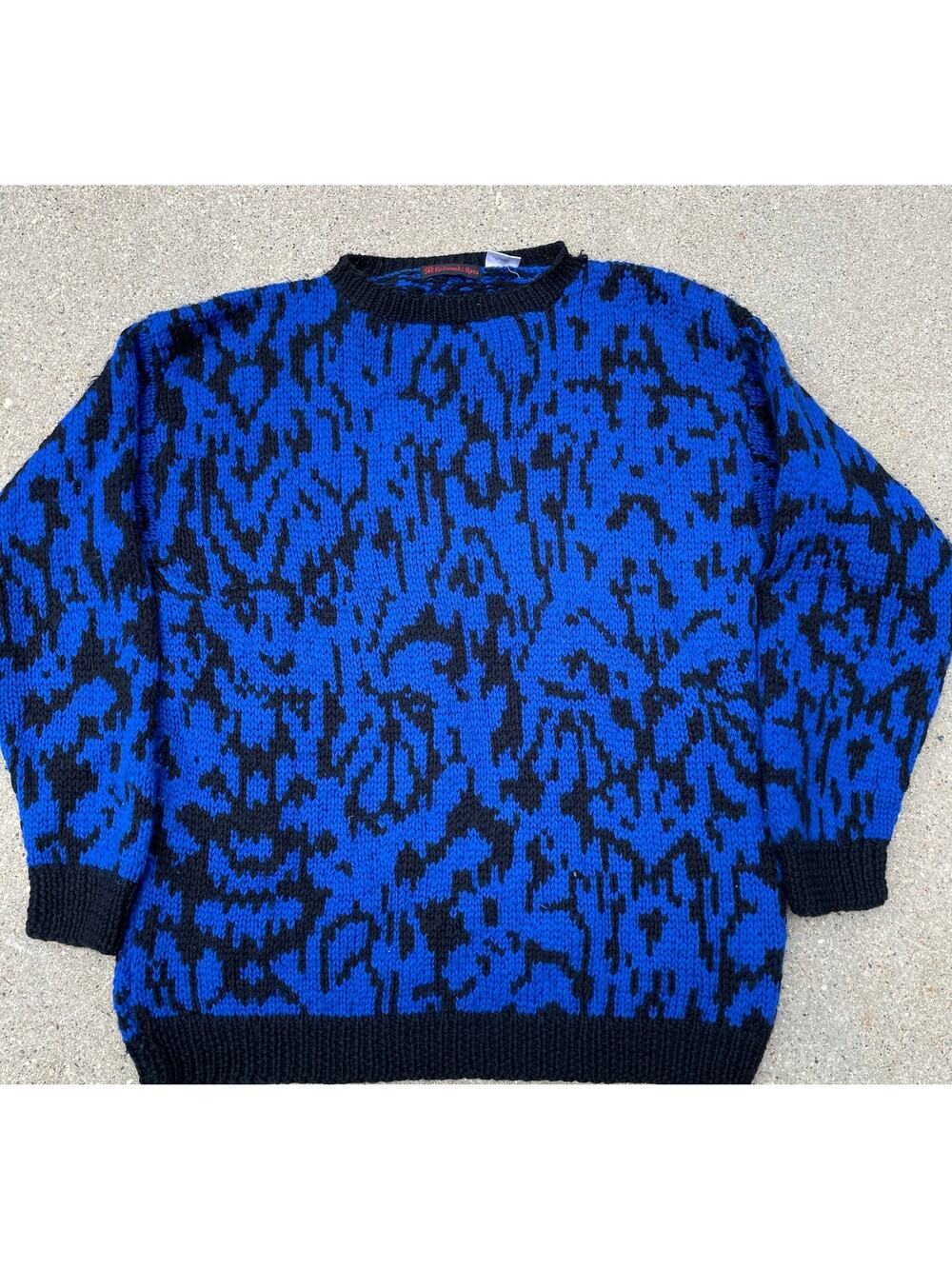Vintage 80s Redwood Ross Abstract Animal Print Wool Sweater Blue Black M Boxy